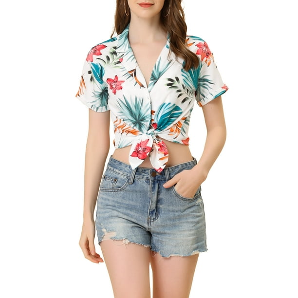 CAMISAS DE MUJER INSPIRADAS CHIC Hawaianas de Manga Corta Tropical Floral con Botones M Floral Blanca