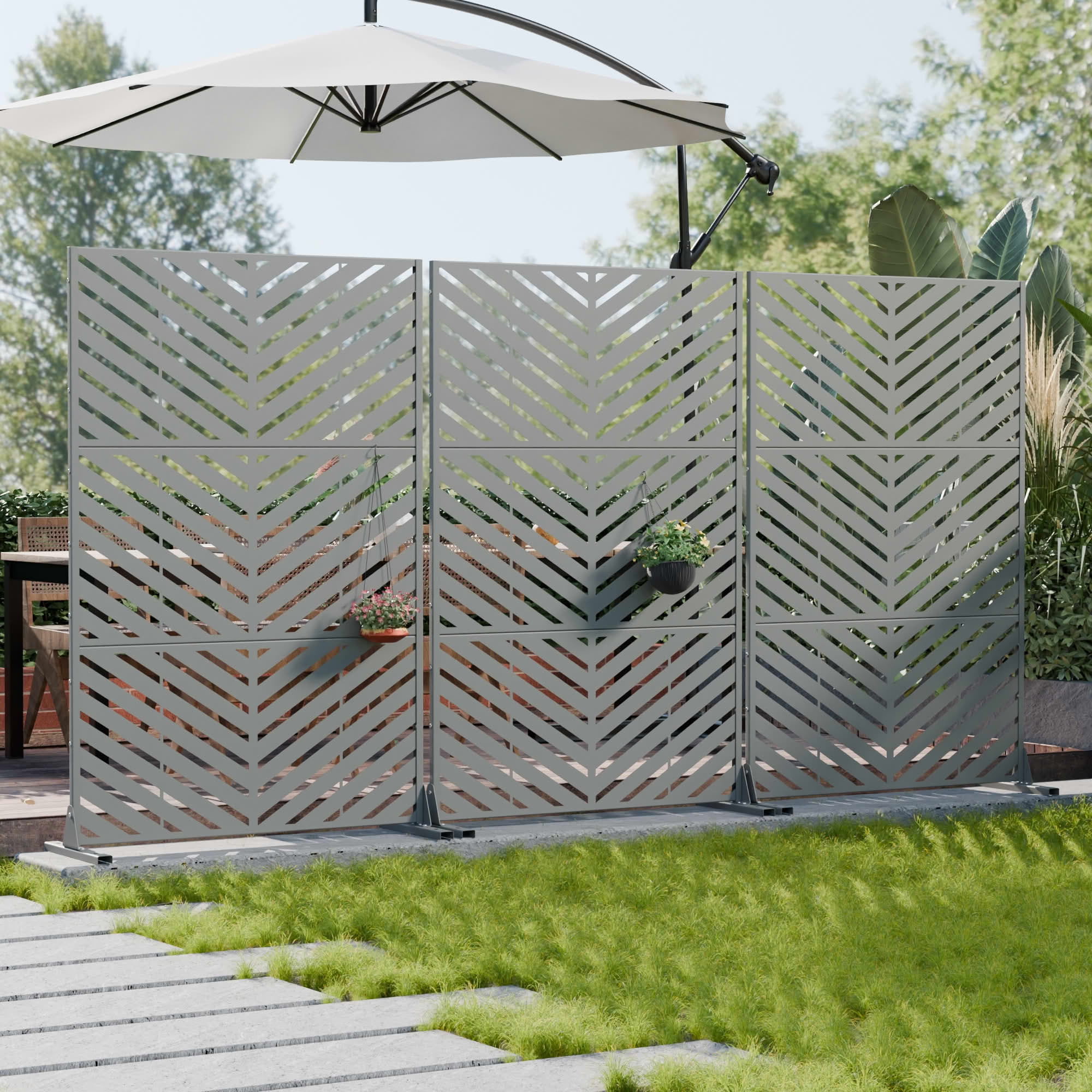 MAYEERTY 2-Piece Outdoor Metal Privacy Screen 6ft × 4ft Gray, 3-Panel Parallel Decorative Screen, Rust-Resistant for Patio