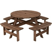 S Wooden Picnic Table Set with Wood Bench, 4 Adults or 8 Kids Outdoor Round Table with Umbrella Hold Design, Perfect for Outdoor Garden Yard Pub Beer Dining, Dark Brown