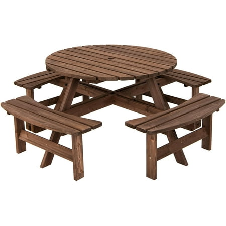 S Wooden Picnic Table Set with Wood Bench, 4 Adults or 8 Kids Outdoor Round Table with Umbrella Hold Design, Perfect for Outdoor Garden Yard Pub Beer Dining, Dark Brown