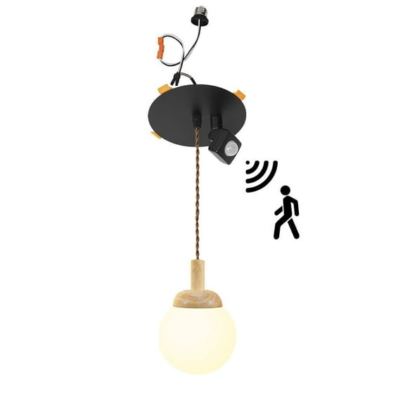 KAYYELAMP Wood with White Ball Glass Shade Motion Sensor Recessed Light Conversion Kit for E26 Recessed Mount Cans Vintage Pendant Ideal for Entrance Stairs 1Pcs