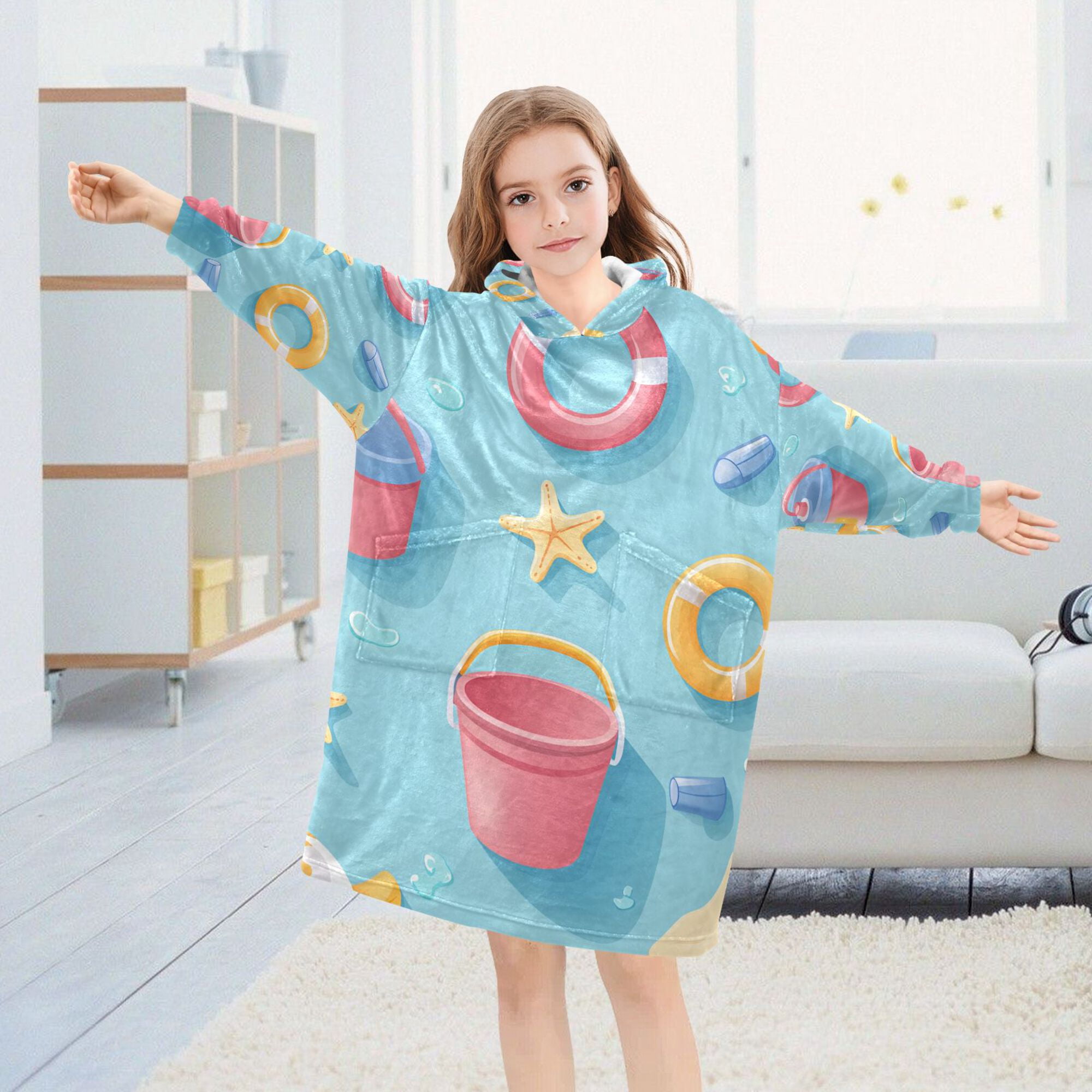 FORMRS Wearable Blanket Hoodie with Sleeves for Kids Cozy Flannel Sweatshirt, Pink Beach Toys Pattern
