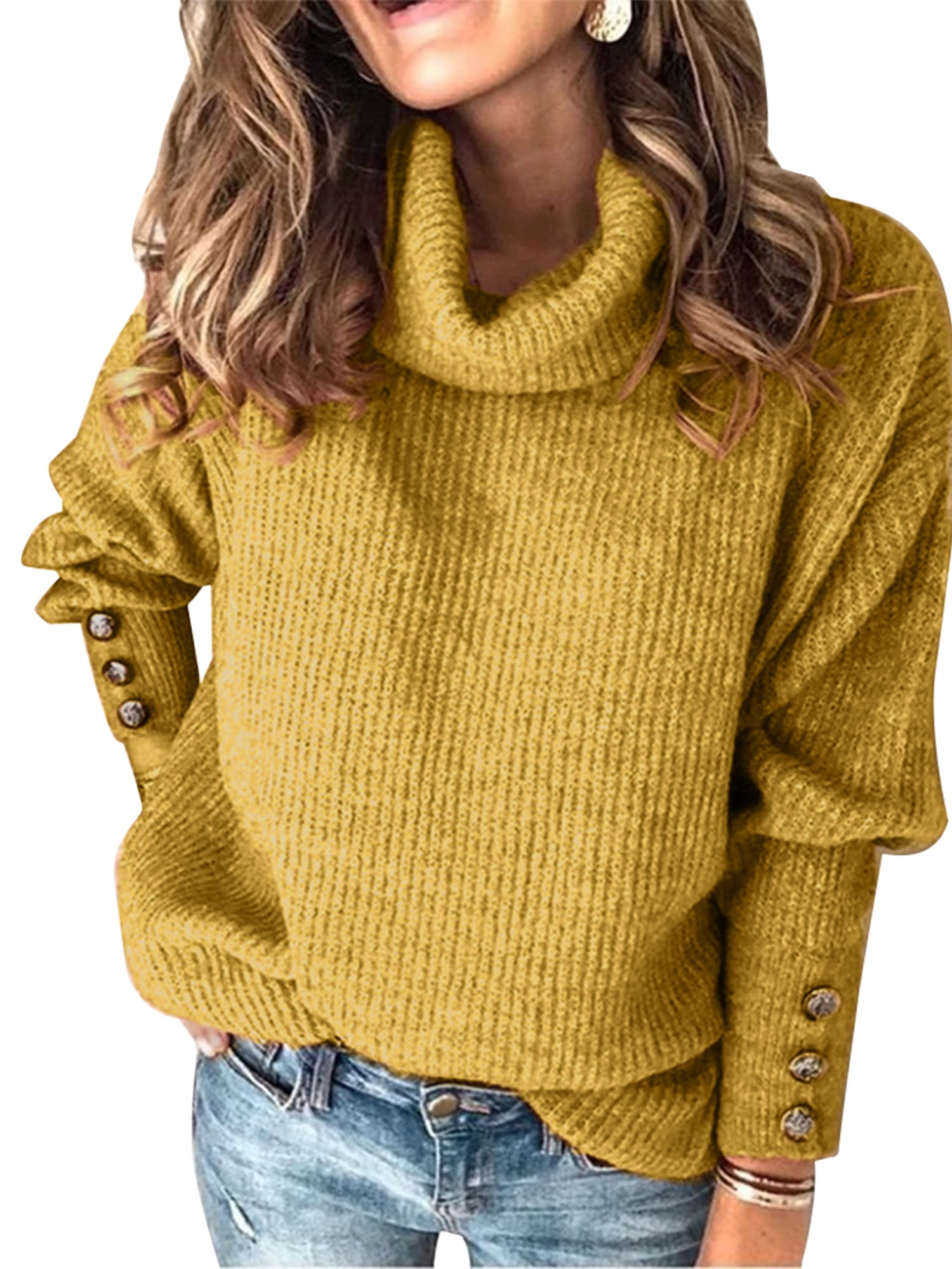 Skksst Plus Size S-5xl Womens High Neck Long Sleeve Knitted Jumper Sweater, Women's, Size: 3XL, Yellow