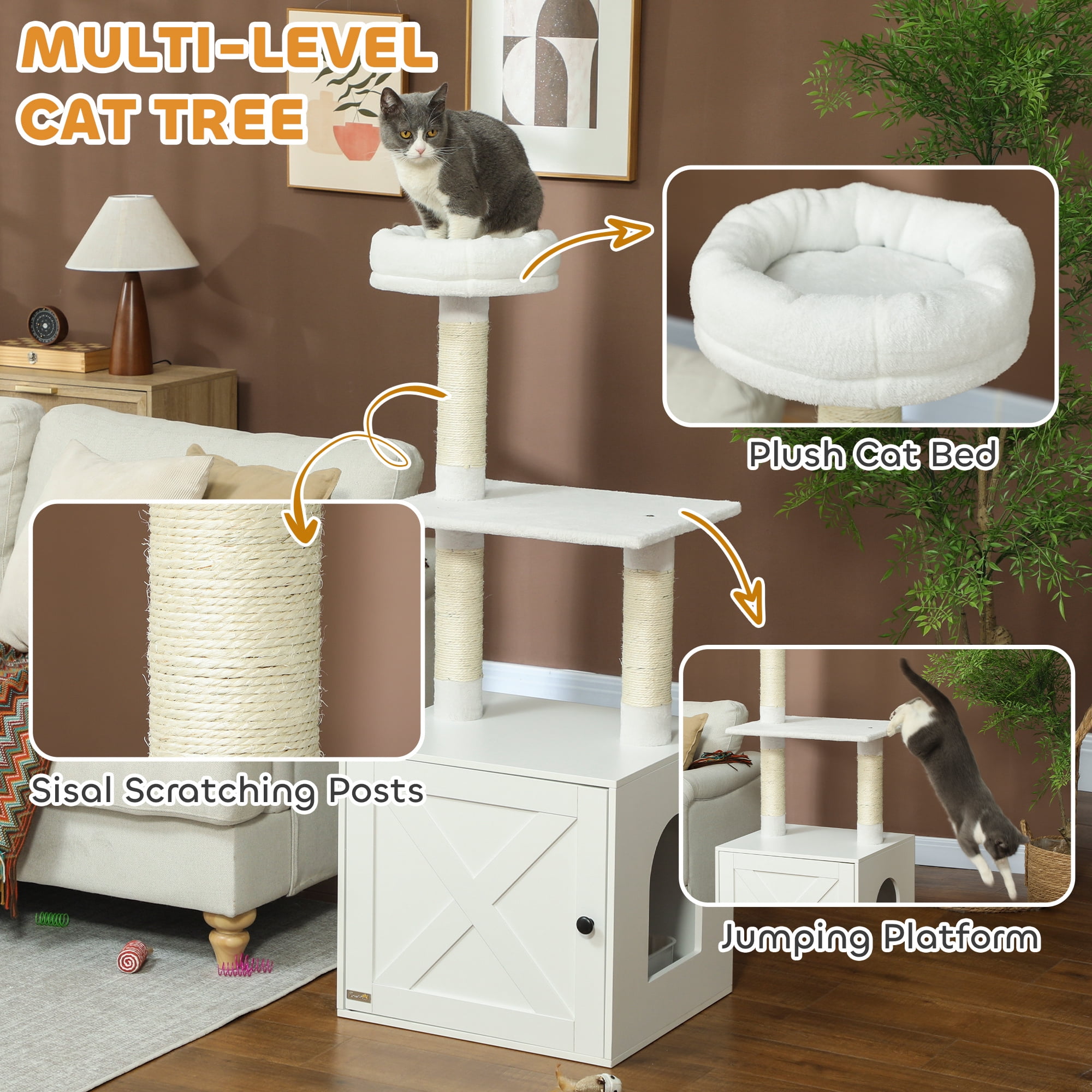 ZephyPaws Cat Tree with Litter Box Enclosure,2-in-1 Modern Cat Tower,50in Tall Cat Condo with Scratching Posts,Perch,White