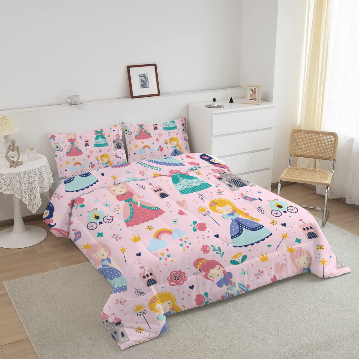 JJCOITR Pink Comforter Set Princess Fairy Castle Printed Pattern Quilt Bedding Set with 1 Comforter and 2 Pillowcases for Girls Kids Twin Size