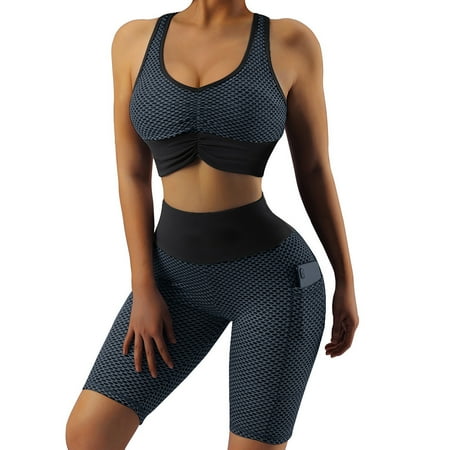 Workout Sets for Women Seamless Ribbed High Waist Yoga shorts with Sports Bra Outfits