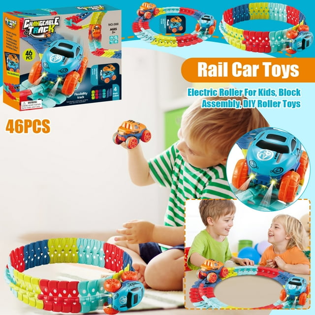 Kids Race Track Set, Anti-Gravity Flexible Track Toy with LED Light-Up Car, Interchangeable Car Shells & Multicolor Changeable Tracks, Gift for Children(46PCS,Battery Version)