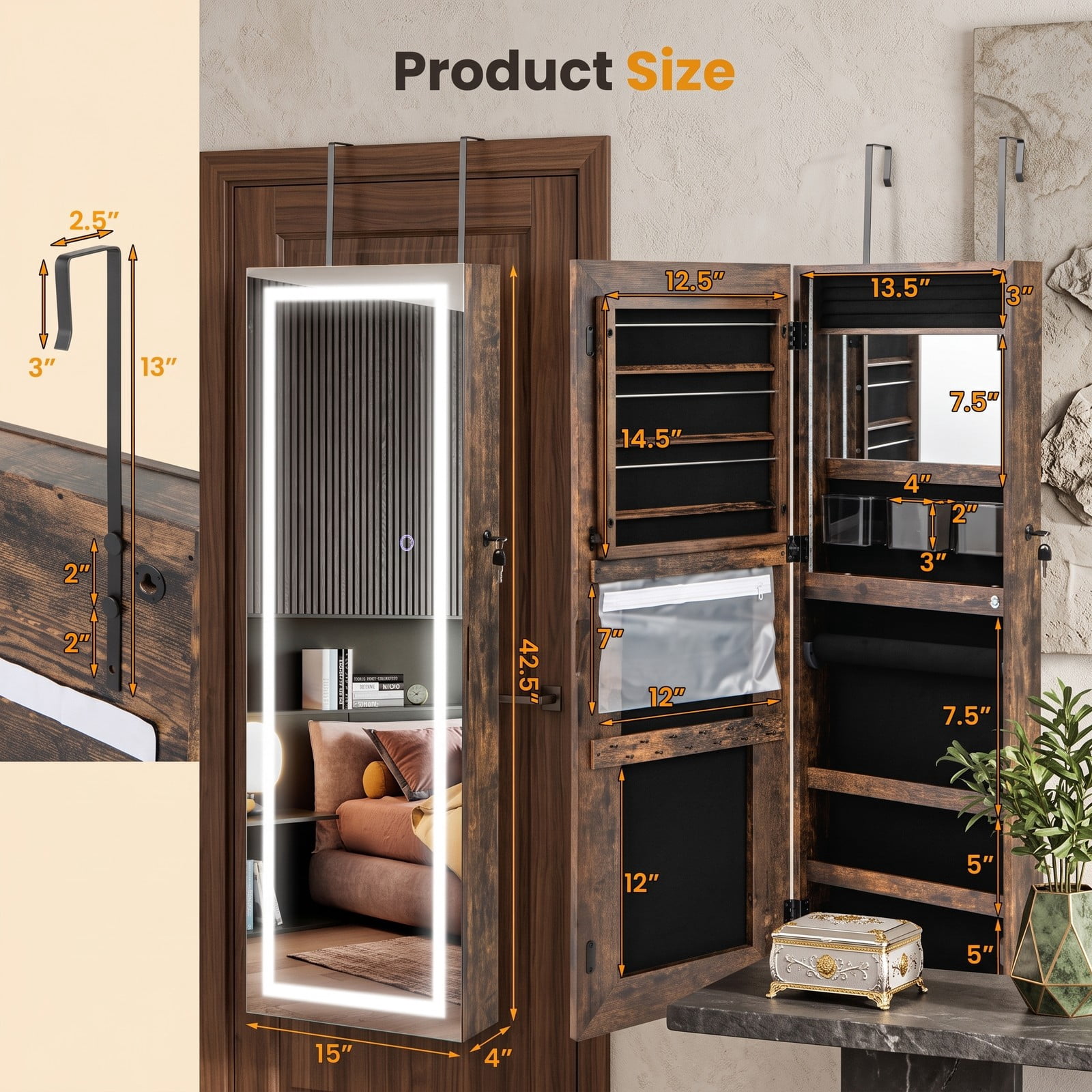 Furnibear 42.5 Inch Lockable Wall and Door Mounted Jewelry Cabinet with Full-Length Mirror and 3-Color LED Lights, Rustic Brown