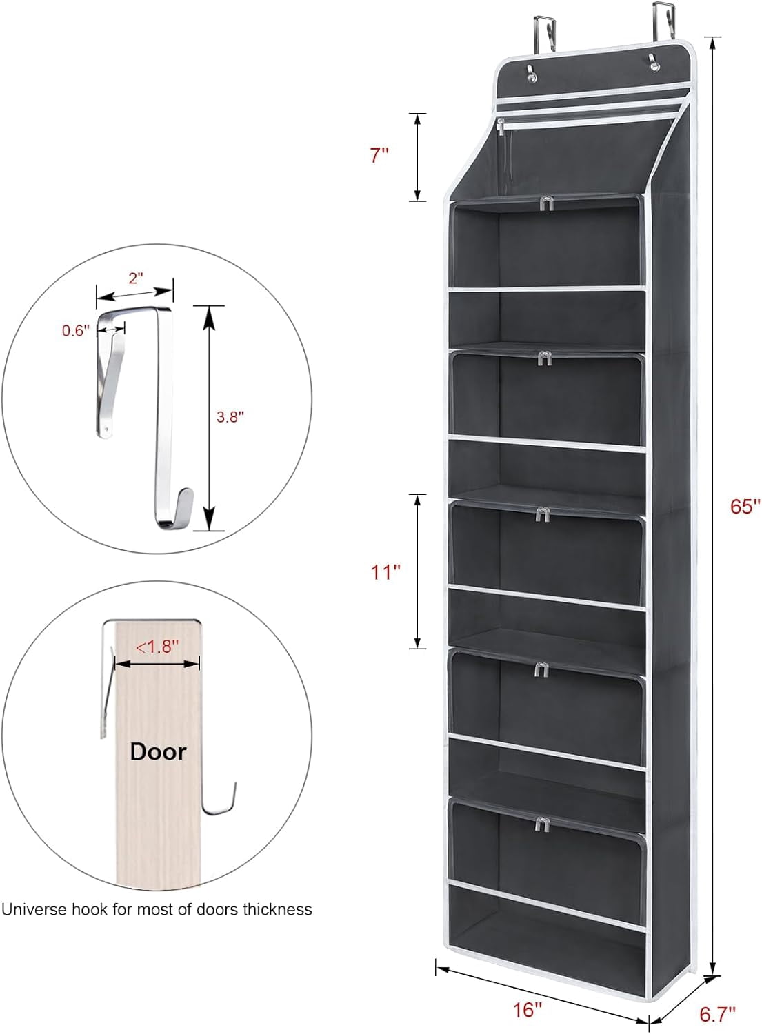 Hanging Yarn Storage Organizer with 6 ZipperClosure Compartments, Large Capacity Knitting Organizer Storage, Over The Door Hanging Yarn Holder for Knitting Needles, Crochet Hooks (Dark Grey)