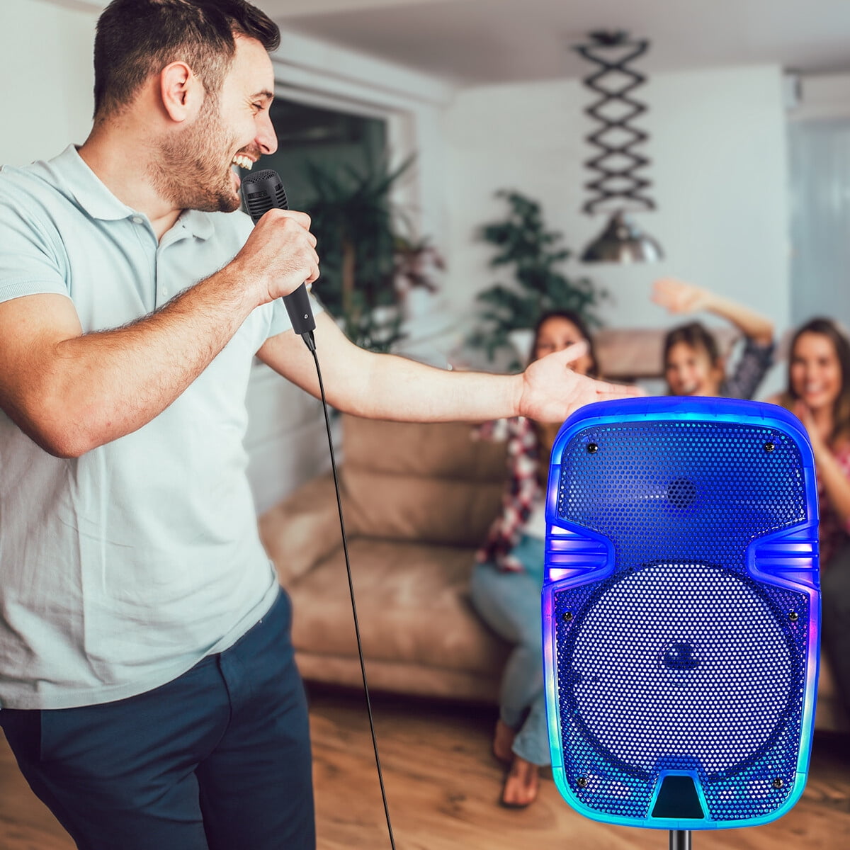 Portable Bluetooth Speaker 8" Woofer w/ Tripod Stand Microphone Remote Control Blue LED, Clear Shell