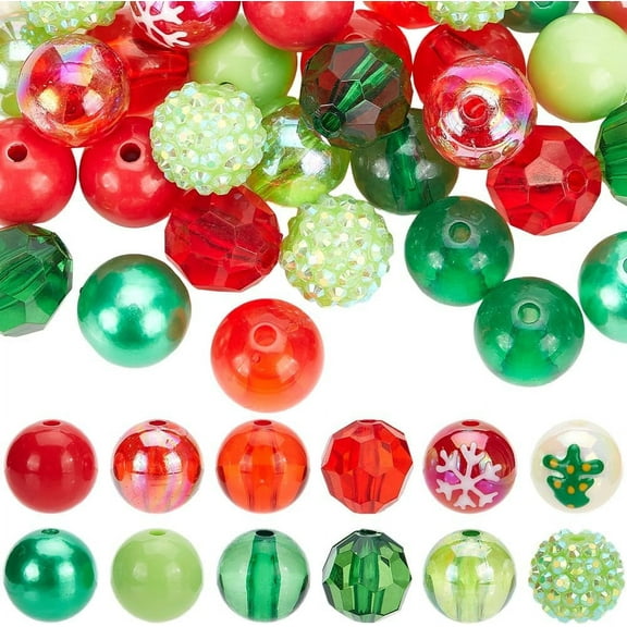 48Pcs 12 Styles Christmas Acrylic Beads Thick Bead Bulk 16mm Assorted Green Red Xmas Round Ball Disco Faceted Loose Spacer Pen Beads for Bracelets DIY Jewelry Making Crafts Accessory