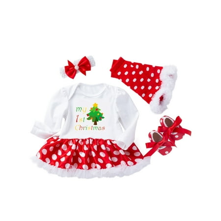 

Beiwei Baby 4Pcs Christmas Outfits Clothes Polka Dot Leg Warmer Set Crew Neck Fall Romper Sets Four Pieces Headband Suits Holiday Long Sleeve Cute Style-B 59cm