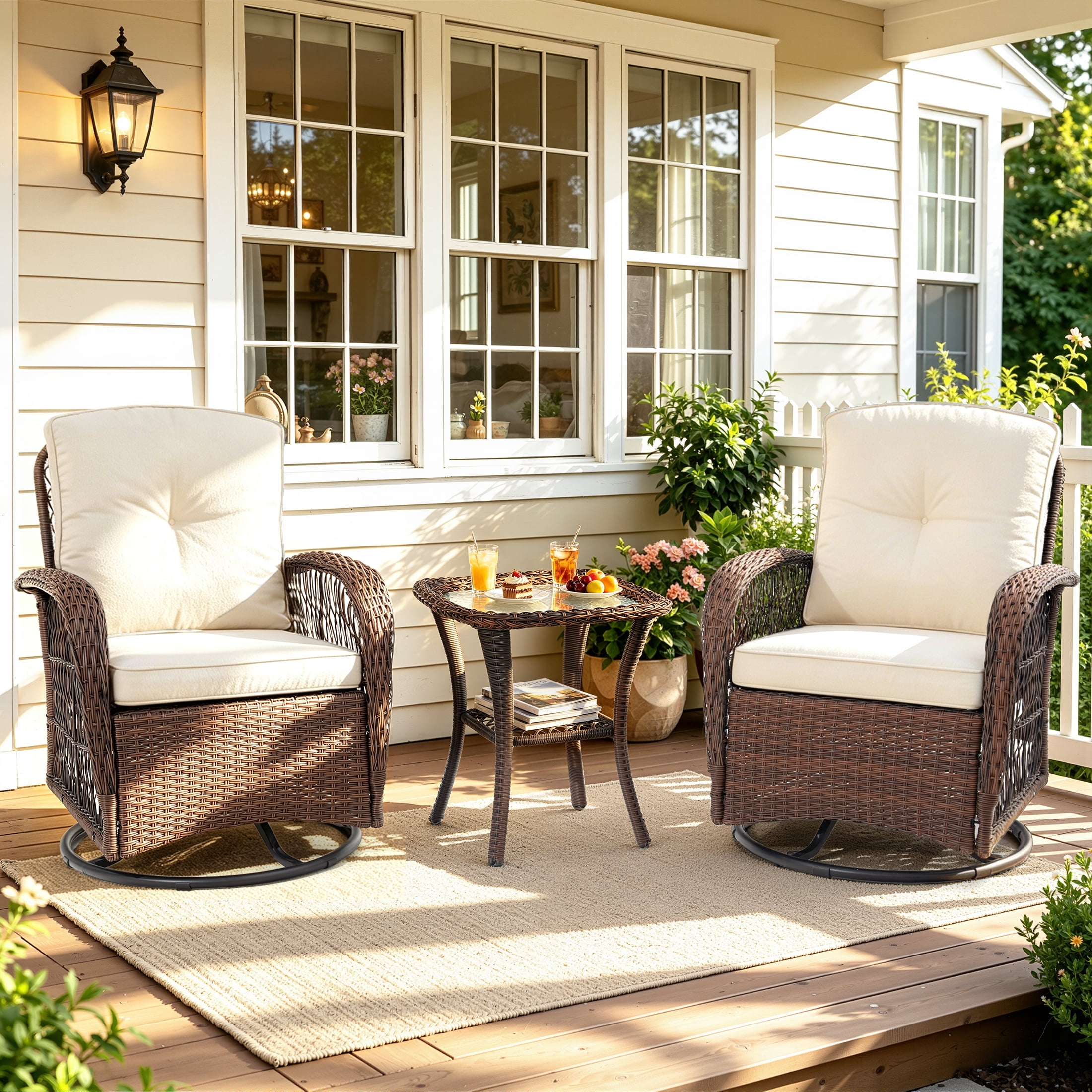 Rattan Outdoor Furniture, 3 Pieces Patio Furniture Set, Wicker Outdoor Swivel Glider Rocker w/Table, Balcony Porch Outdoor Rocking Bistro Set for 2, Beige Cushions
