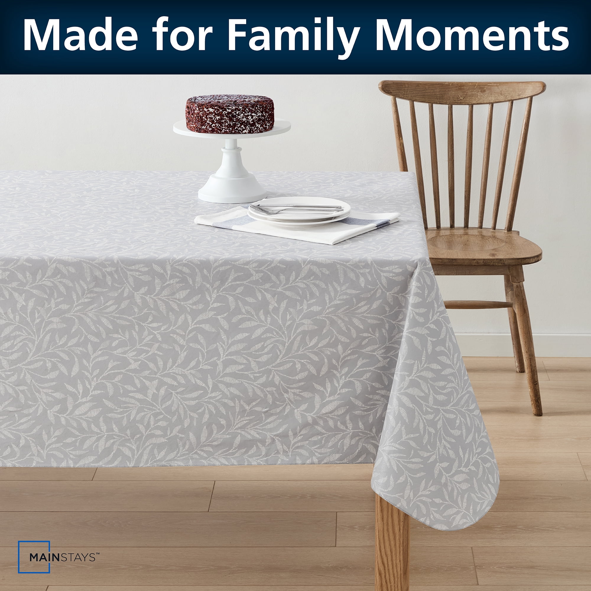 Mainstays PEVA Everyday Indoor/Outdoor Reusable Tablecloth, 60" x 102", Grey Leaf