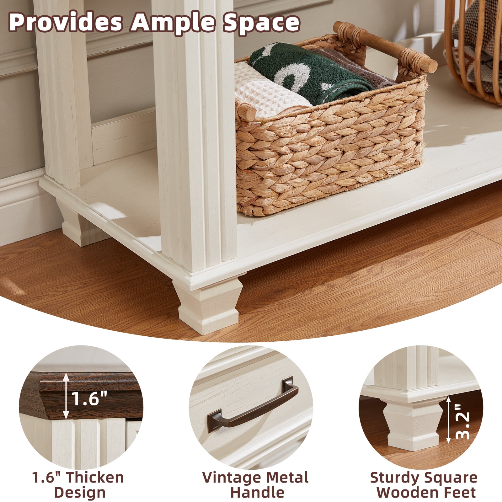 Buildhom 46" Farmhouse Console Table with 2 Drawers & Open Shelf, Rustic Wood Entryway Table for Living Room, White