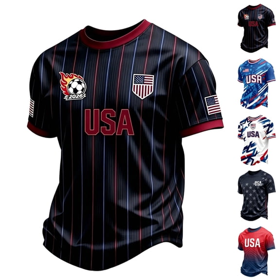Men's USA Soccer Jersey 2026 Country Team Fan Shirts, Crewneck Short Sleeve Patriotic American Flag Graphic T-Shirt, Retro Streetwear Football Top