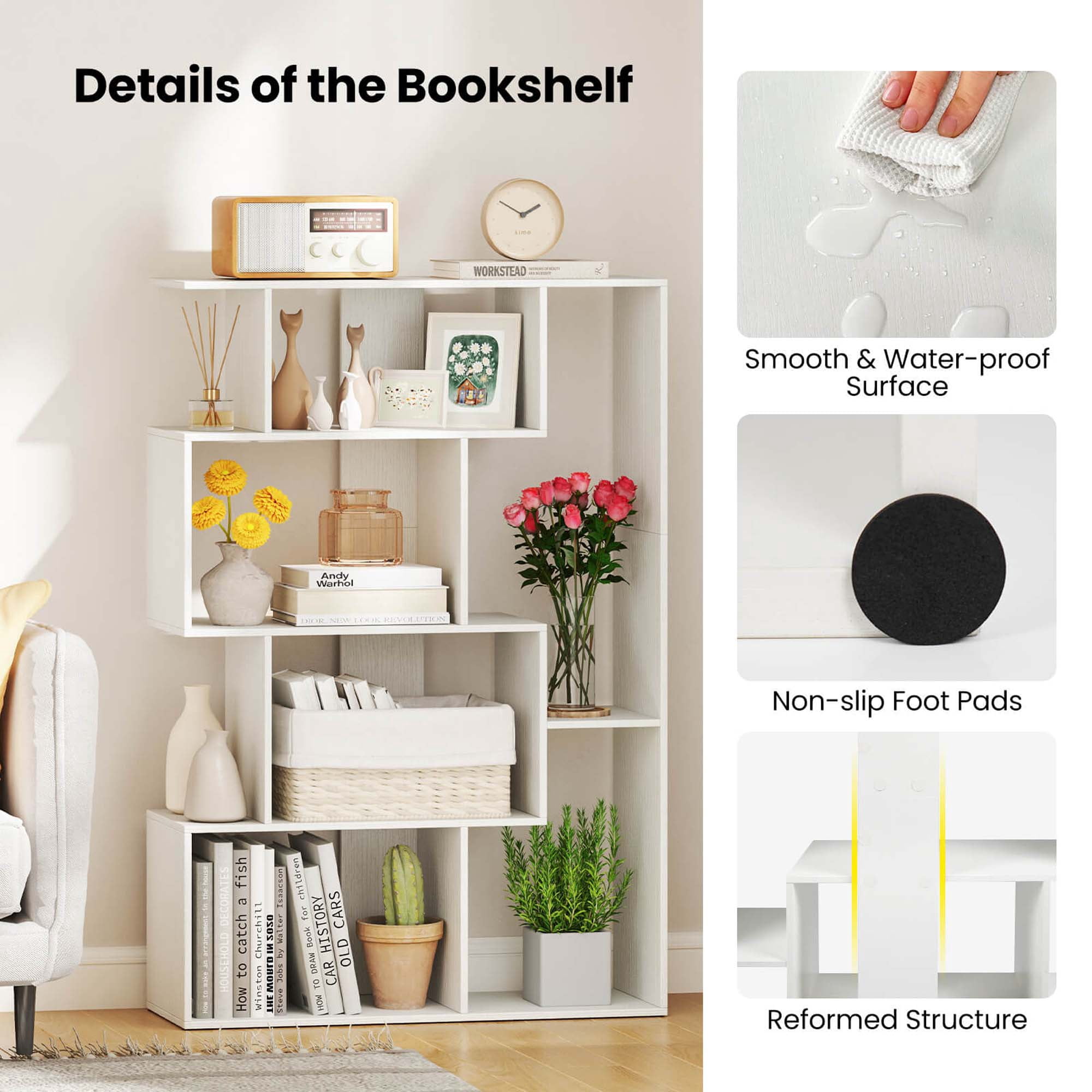 Costway 47" Open-back Geometric Bookshelf Home 6-Cube Large Bookcase with Anti-tip Kits White