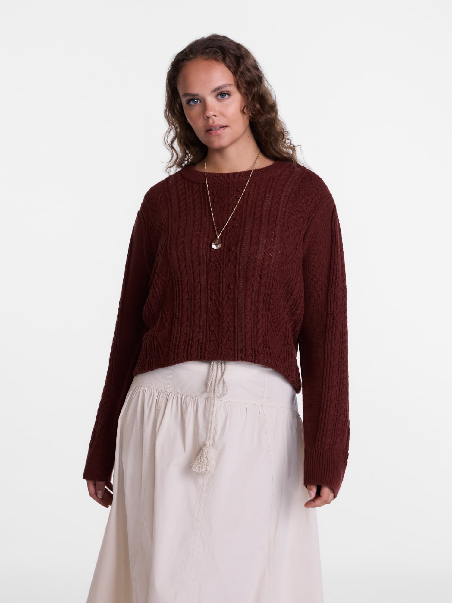 Scenario Women's Pointelle Sweater with Long Puff Sleeves, Lightweight, Sizes XS-XXXL