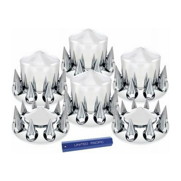 Chrome Semi Truck Front & Rear Axle Cover SET with pointed Hub Cap 33mm Lug Nuts