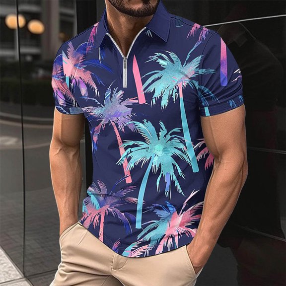Fnnxeal Mens Hawaiian Neon Palm Tree Print Polo Shirt, Half-Zip, Quick Dry, Stretch Fit, Summer Vacation, Purple,Size S
