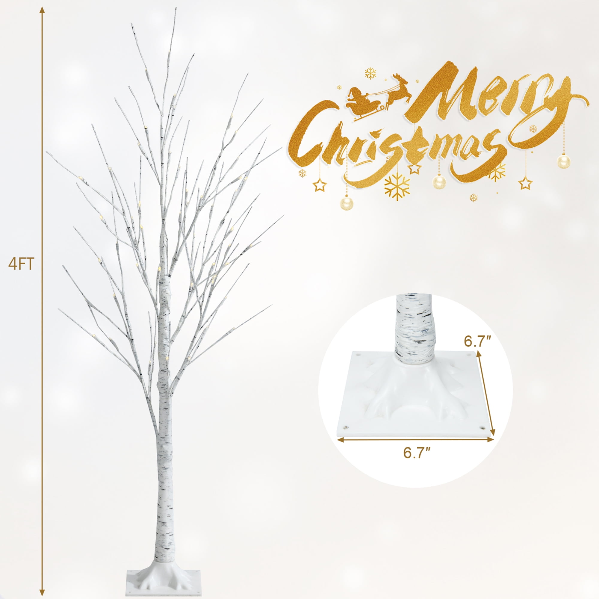 Gymax 4 FT Pre-lit White Birch Tree Christmas Decoration Artificial Twig Birch Tree