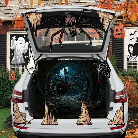 Halloween Trunk or Treat Car Decoration Kit - Spider Sticker with Spider Web and Green Fabric for Car Trunk Garage Door Outdoor Halloween Party Decoration