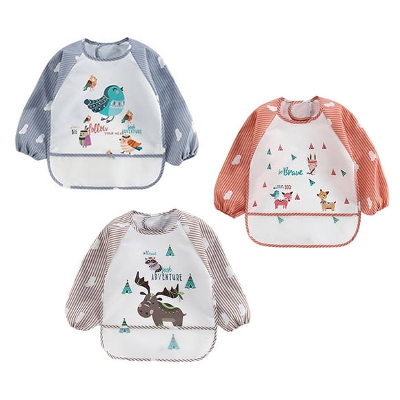 Babero de bebé con mangas, impermeable, lavable, poliéster, estampado Animal, traje de babero de tela para niño pequeño, 3 uds.