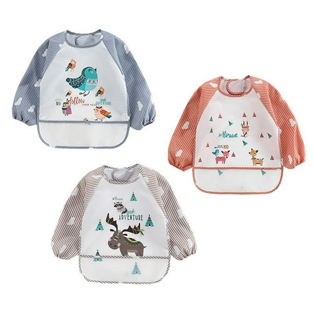 Babero de bebé con mangas, impermeable, lavable, poliéster, estampado Animal, traje de babero de tela para niño pequeño, 3 uds.