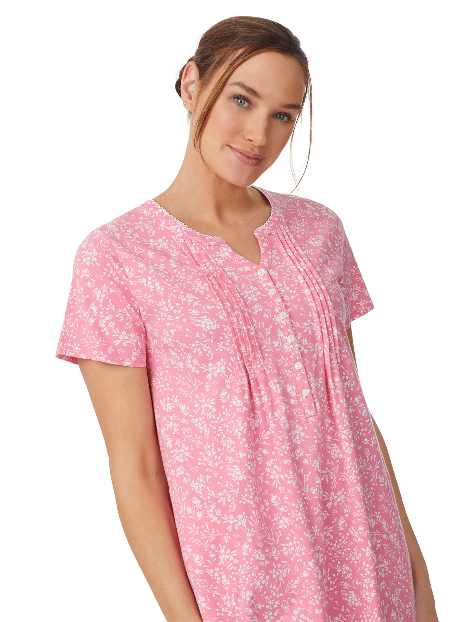 Aria Women’s Short Sleeve Split Neck Henley Nightgown 40”, Sizes XS to 5X