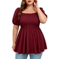 thumbnail image 2 of hlysgo Women's Square Neck Tops Plus Size Smocked Peplum Blouse Top Lantern Short Sleeve Flowy Cute Shirt Shirts Wine,4xL, 2 of 5