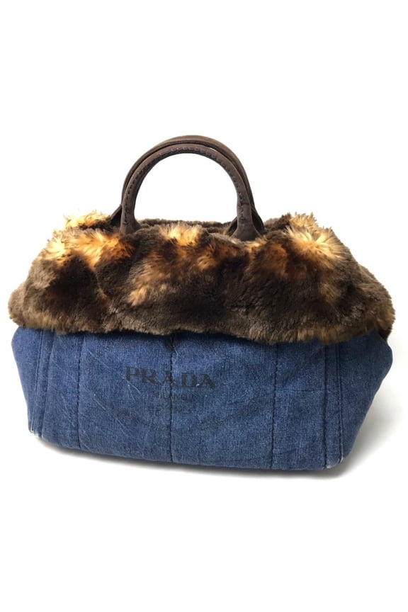 Pre-Owned PRADA BN2182 Canapa Handbag/Tote Bag with Fur, Denim, Faux and Suede,... (Fair)