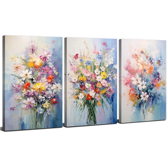 Wildflower Wall Art Colorful Abstract Flower Picture Nature Decor Floral Bouquet Posters Watercolor Daisy Poppy Paintings Canvas Artwork for Living Room Bedroom Bathroom Home Decorations 12x16x3 Pcs