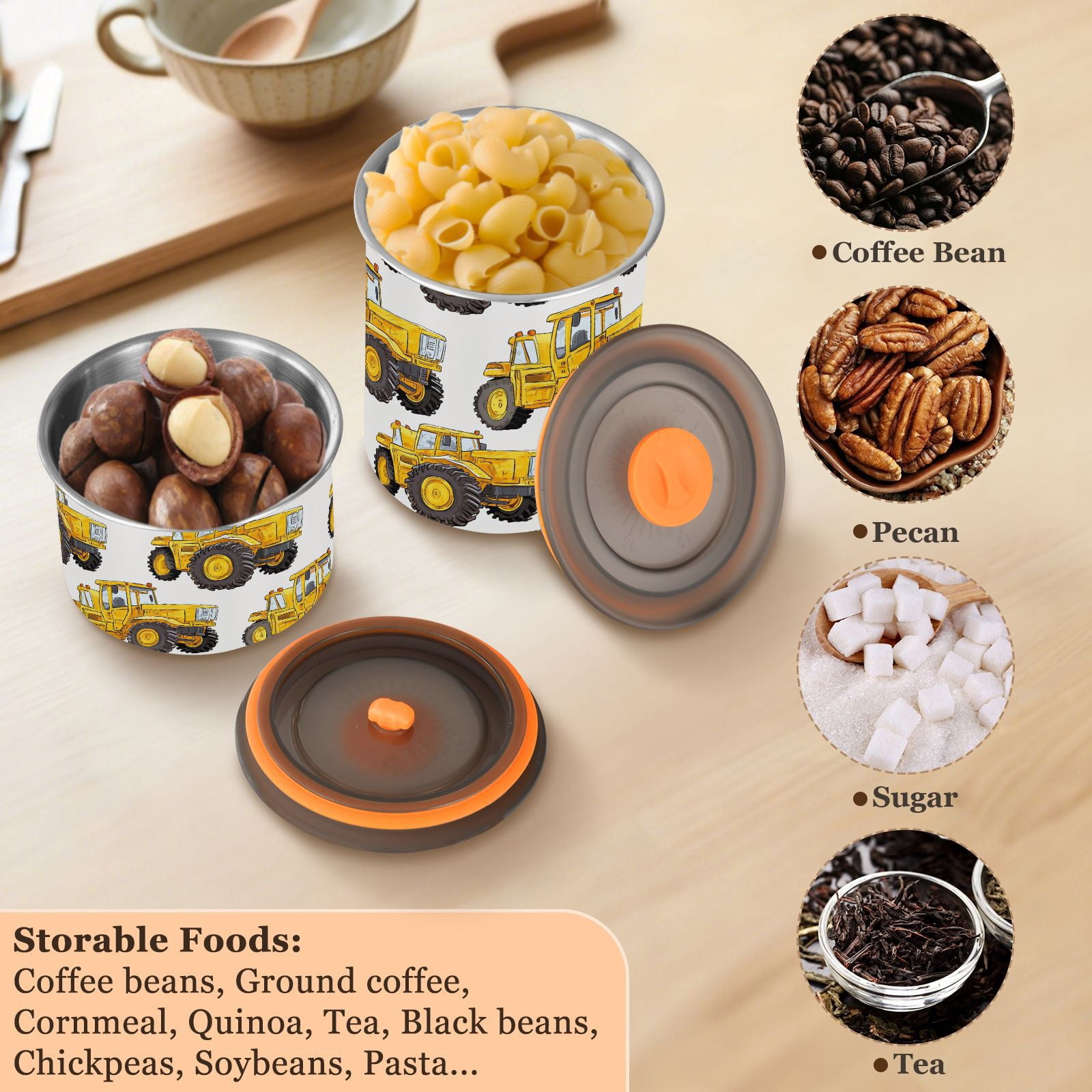 Yellow Truck Airtight Coffee Bean Canister 30oz Food Storage Containers with Lids For Gournd, Tea, Sugar, Flour, Rice, Cereal, Candy Cookie Jar