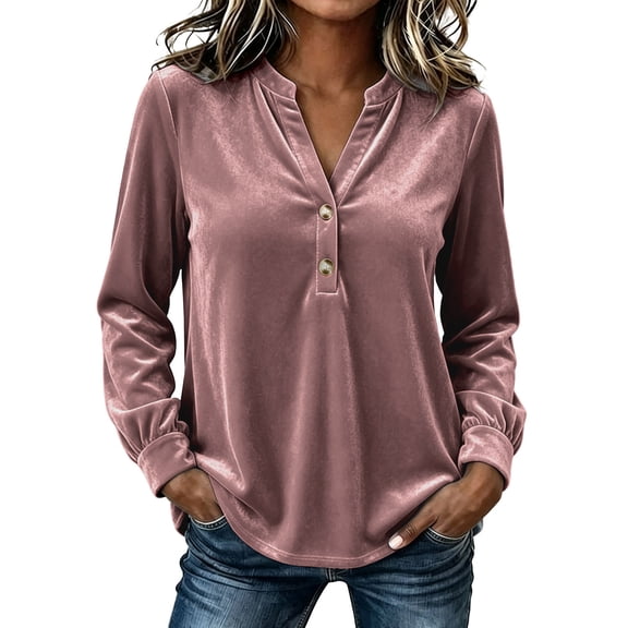 Ruimatai Womens Long Sleeve Henley Blouses Velvet Loose Dressy Casual Shirts