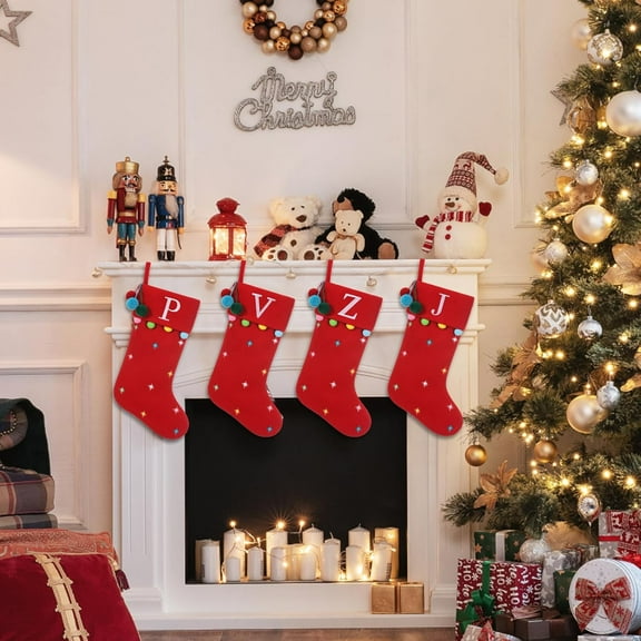 19.5 Inches Initial Monogram Christmas Stocking Personalized, Embroidered Letter Fleece Christmas Stocking with pom poms Decoration for Family Christmas Holiday Party Decor 1Pack
