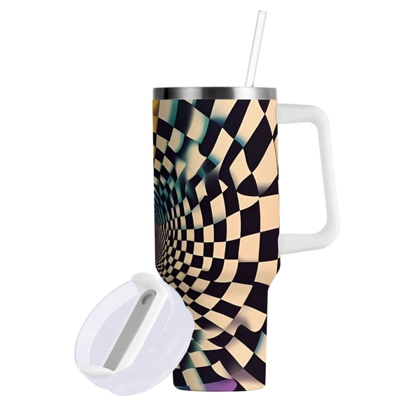 Yayeee 40oz Stainless Steel Tumbler with Straw and Handle Double-Wall Insulated Travel Water Bottle, Beige Wavy Plaid