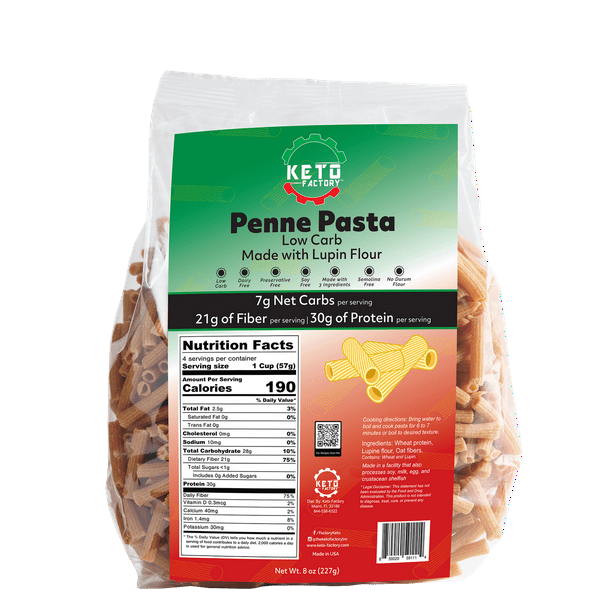 Keto Factory Low Carb Penne Pasta (8oz) Keto Friendly Made with Lupin flour, 7g Net Carbs, 30g