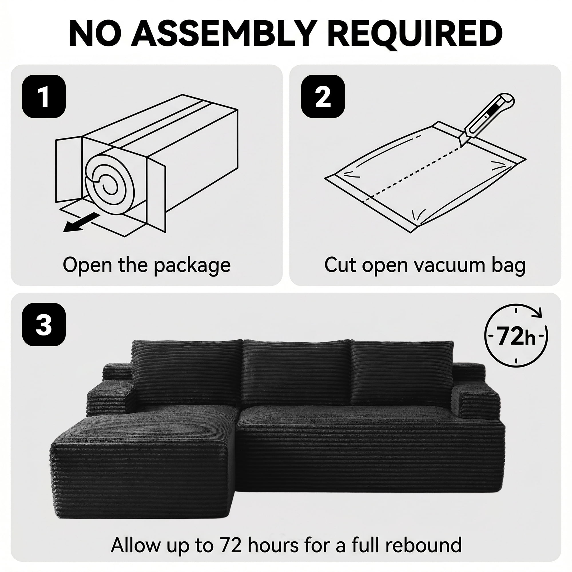 Vanress 96 Inch Modular Sectional Couches for Living Room, Modern Boneless Sofa, Upholstered Deep Seat Cloud Couch, Corduroy Comfy L-Shape Sofas Couches, No Assembly, Black (Left Facing Chaise)