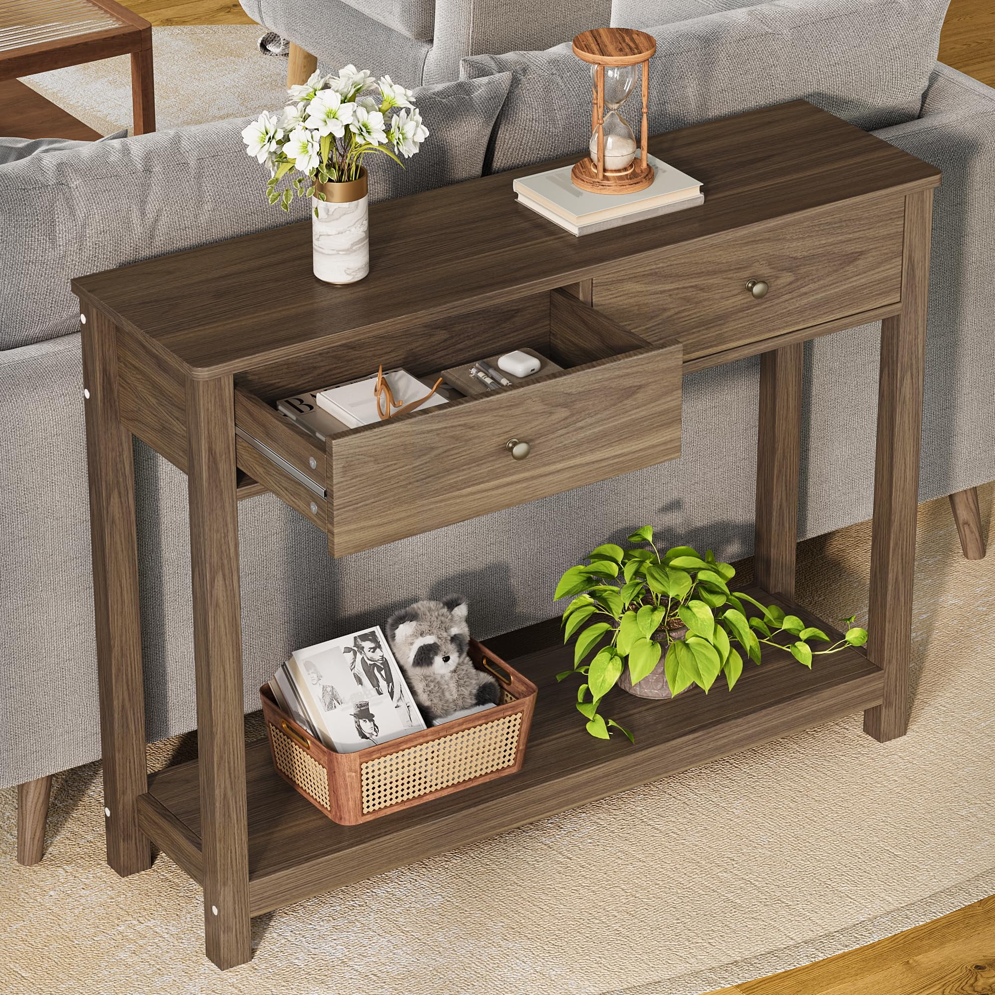 Aiho Console Table 39" with Drawers, Wood Entryway Table Hallway Table with Open Storage, Sofa Table for Living Room, Foyer and Corridor - Retro