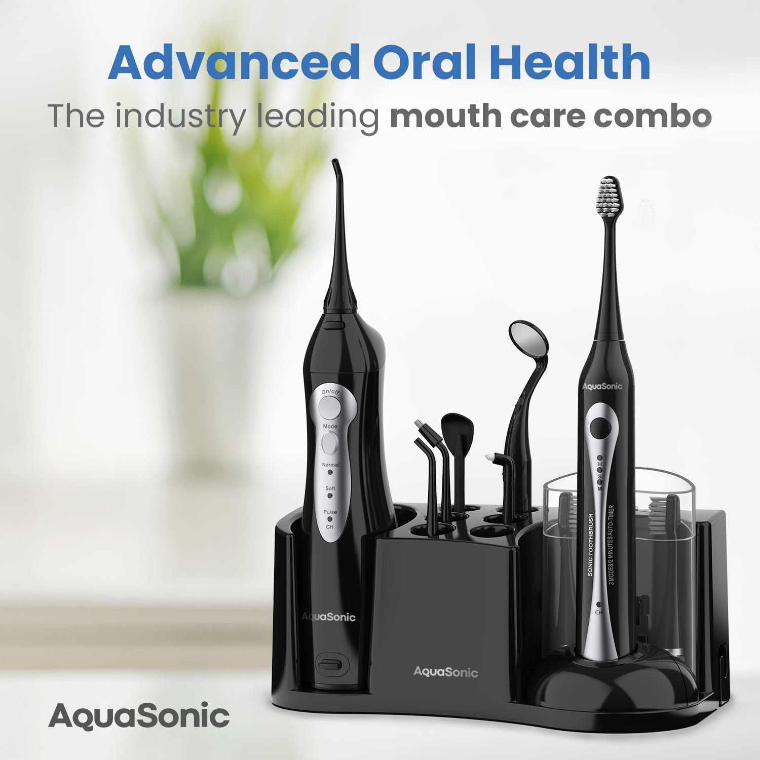 Aquasonic Home Dental Center - Electric Sonic Toothbrush & Smart Water Flosser Combo, 3 Cleaning Modes, Inductive Charging, Auto Timer, Complete Oral Care Kit for Family (Black)