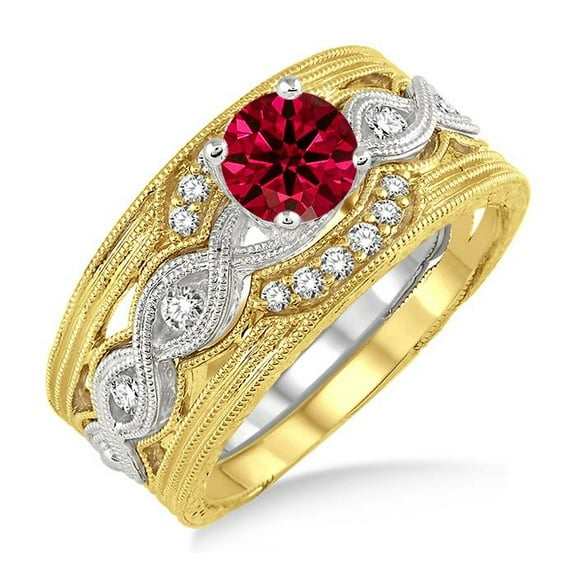 2.50 Carat Round Cut Diamond Moissanite Red Ruby Vintage Trio Bridal Set Engagement Ring on 10k Yellow Gold