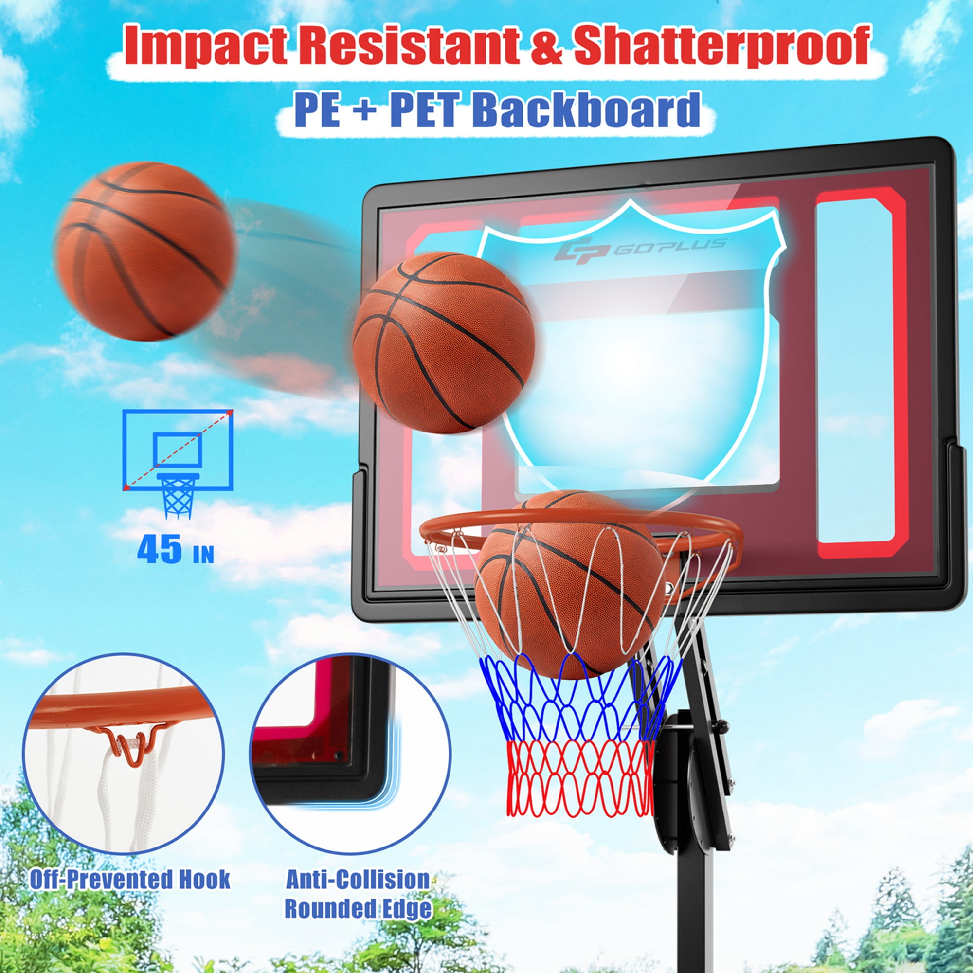 Costway 5ft-10ft Adjustable Height 32''x23'' Shatterproof Outdoor Portable Basketball System (Kids)