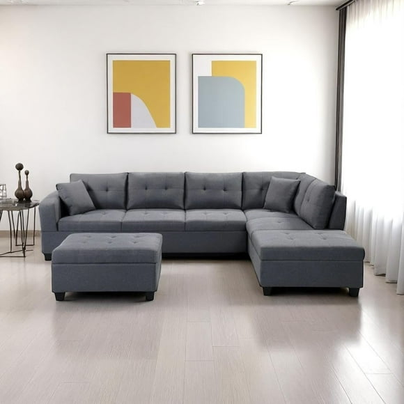 Cosmic Homes Canapé Sectionnel Havre LHF avec Pouf de Rangement, Plateau Coulissant et Porte-Gobelet, Ensemble de Canapé Gris pour Salon, Canapé Modulaire en L