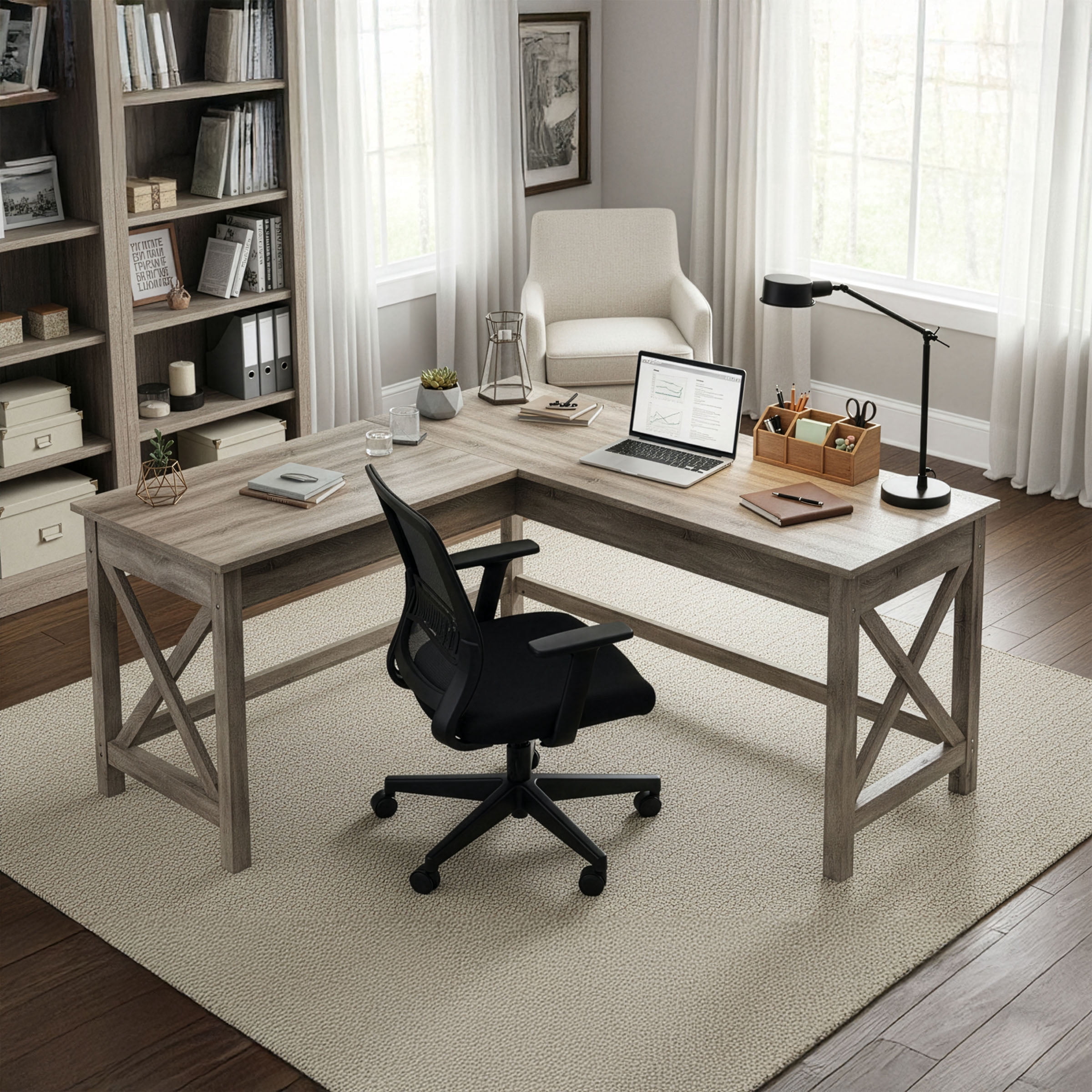 Lavish Home 59" L-Shaped Farmhouse Style Desk for Home Office in Light Gray Oak Finish