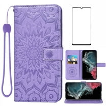 Compatible with Samsung Galaxy S22 Ultra 5G Wallet Phone Case and Tempered Glass Screen Protector Flip Credit Card Holder Stand Mandala Flower Cell Cover for S22ultra 22S S 22 S22ultra5g 6.8 Purple