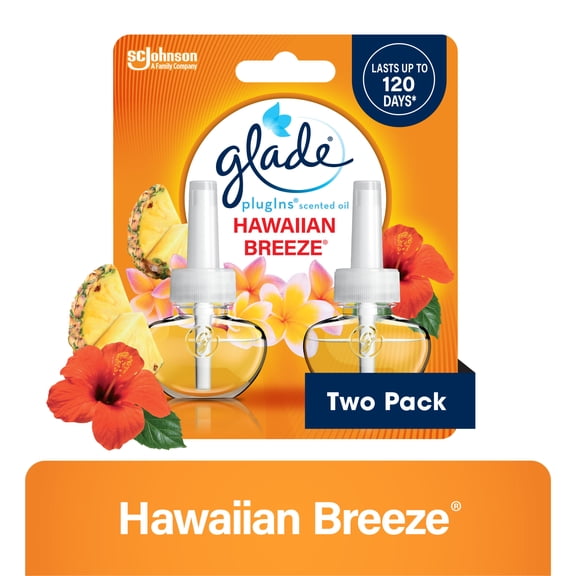 Glade PlugIns Scented Oil 2 Refills, Air Freshener, Hawaiian Breeze, Essential Oil Infused Wall Plug In, 1.34 FL oz, pack of 2