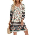 thumbnail image 2 of Women's Casual Summer Dress Boho V Neck 3/4 Sleeve Babydoll Floral Print Flowy Side Split Beach Dress D-Beige, 2 of 5