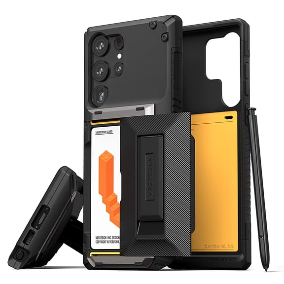 VRS Design Phone Case for Galaxy S23 Ultra, [Damda Glide Hybrid] Premium Sturdy Wallet Case with Card Holder & Kickstand (Groove Black)