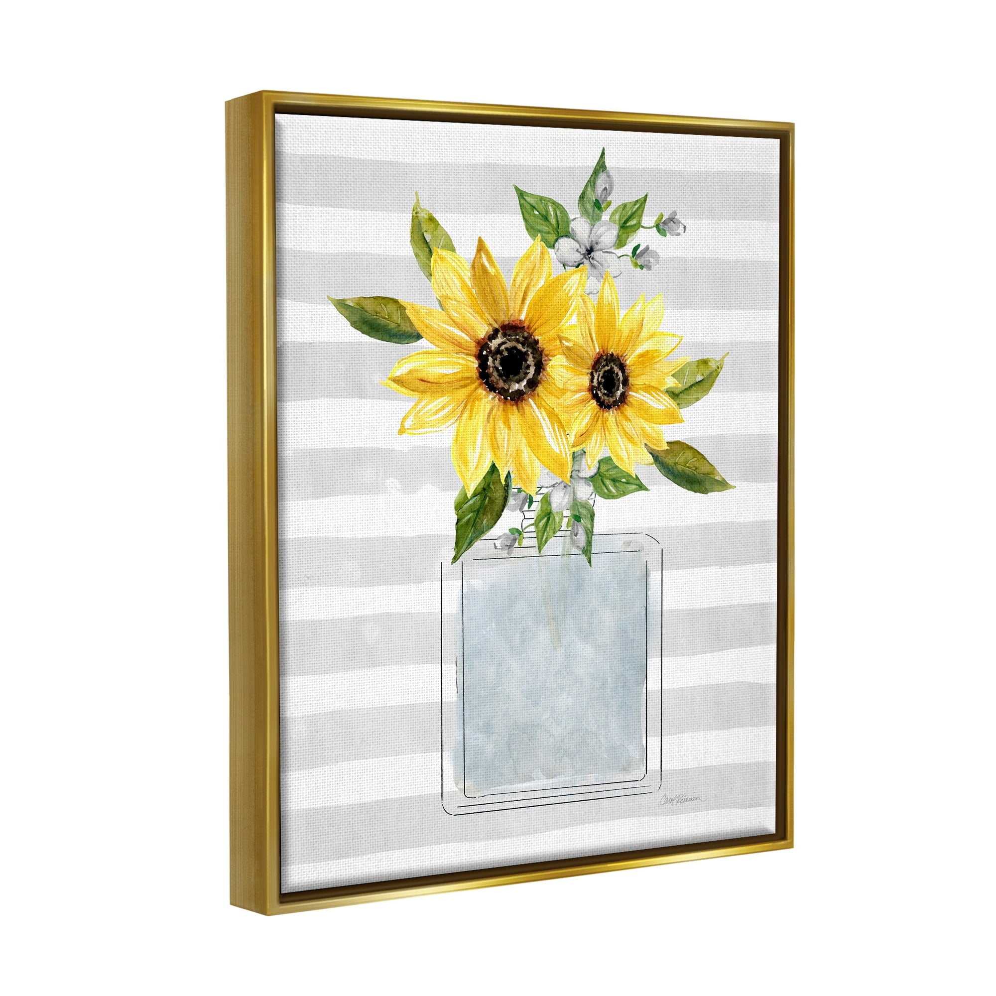 Stupell Industries Flower Blossoms Perfume Bottle Vase Casual Stripes Graphic Art Metallic Gold Floating Framed Canvas Print Wall Art, Design by Carol Robinson