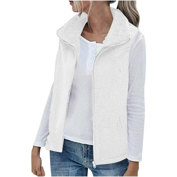 Jalioing Womens Sleeveless Vest Double-Faced Velour Lapel Full-Zipper Closure Soft Comfy Fleece Clothing (X-Large, White)